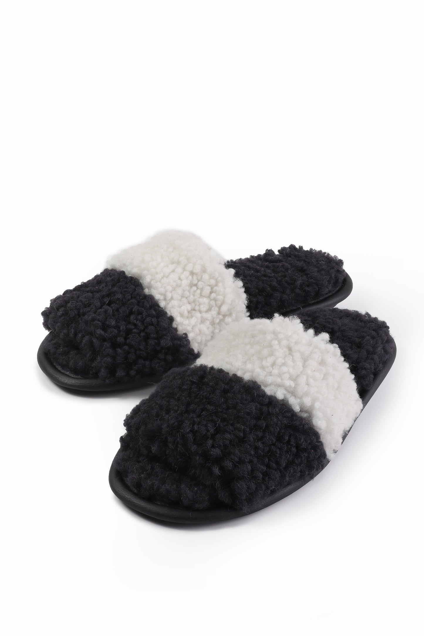 Soft Sheepskin Slippers with Black Fur Lining in Black & White Color