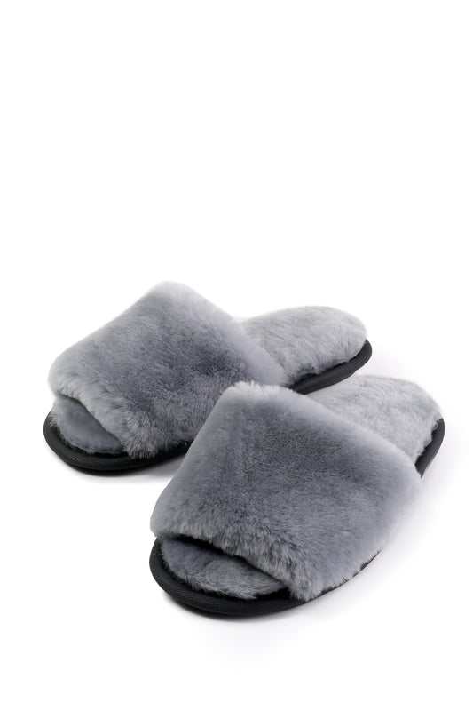 Soft Open Toe Sheepskin Mule Slippers for Women in Grey Color with Fur Lining
