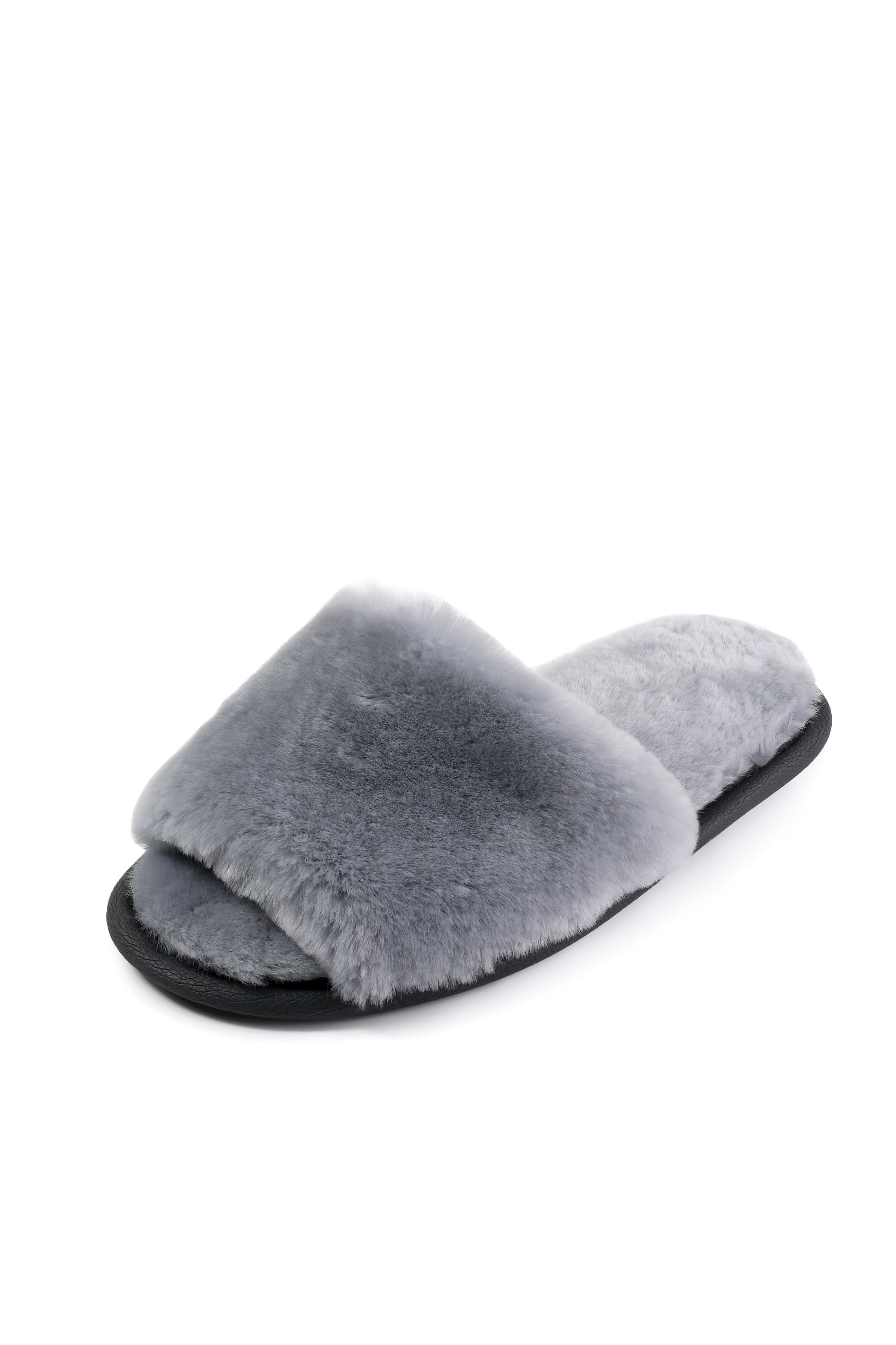 Soft Open Toe Sheepskin Mule Slippers for Women in Grey Color with Fur Lining