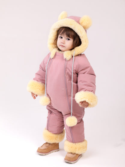 Genuine Sheepskin Winter Baby Fur Hooded Warm Jumpsuit with Fur Trims in Pink Color