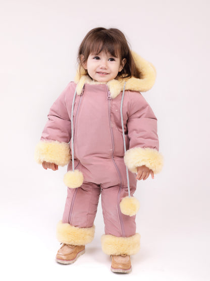 Genuine Sheepskin Winter Baby Fur Hooded Warm Jumpsuit with Fur Trims in Pink Color