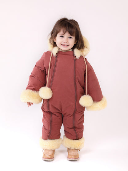 Genuine Sheepskin Winter Baby Fur Hooded Warm Jumpsuit with Fur Trims in Red Color