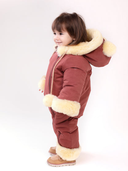 Genuine Sheepskin Winter Baby Fur Hooded Warm Jumpsuit with Fur Trims in Red Color