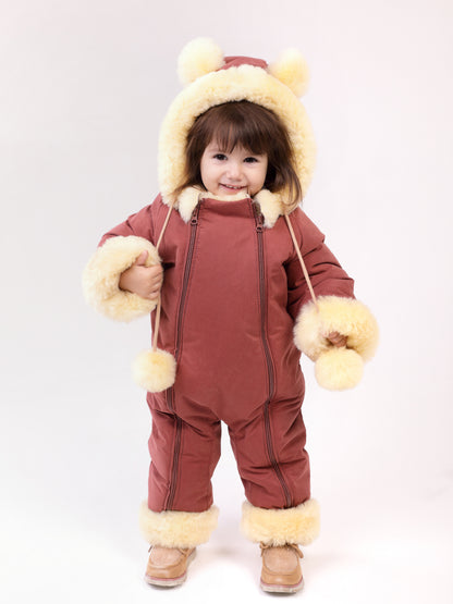Genuine Sheepskin Winter Baby Fur Hooded Warm Jumpsuit with Fur Trims in Red Color
