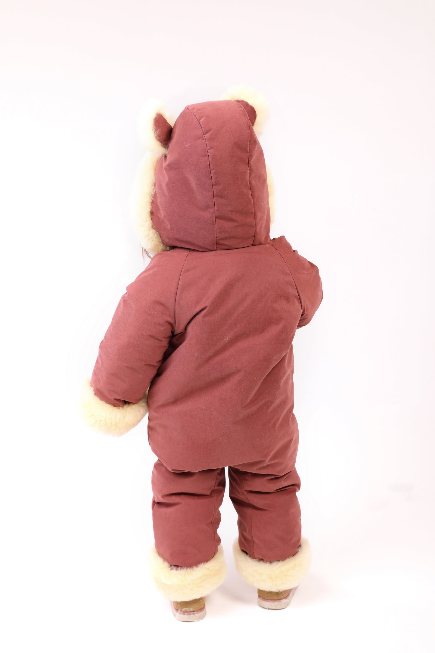 Genuine Sheepskin Winter Baby Fur Hooded Warm Jumpsuit with Fur Trims in Red Color