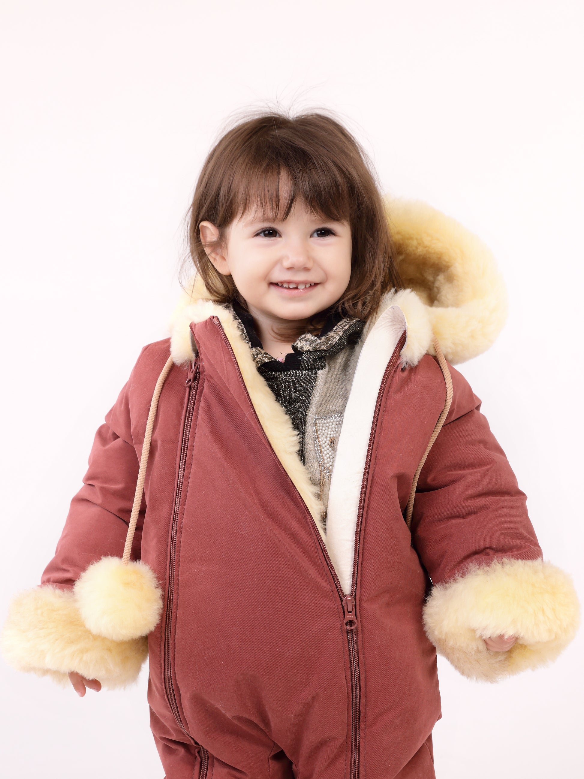 Genuine Sheepskin Winter Baby Fur Hooded Warm Jumpsuit with Fur Trims in Red Color