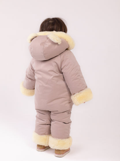 Sheepskin Winter Jumpsuit For Children, Warm And Cosy, Hooded Romper for Baby With Zipper Closure, Shearling Snowsuit For Toddler with Hoodv