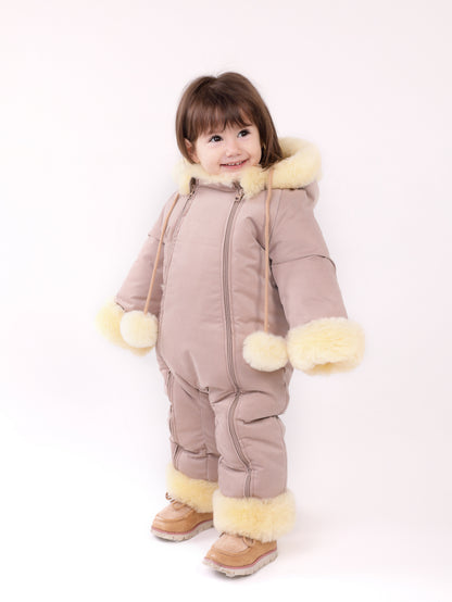 Sheepskin Winter Jumpsuit For Children, Warm And Cosy, Hooded Romper for Baby With Zipper Closure, Shearling Snowsuit For Toddler with Hoodv