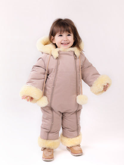 Sheepskin Winter Jumpsuit For Children, Warm And Cosy, Hooded Romper for Baby With Zipper Closure, Shearling Snowsuit For Toddler with Hoodv