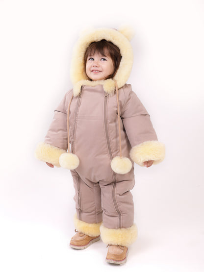 Sheepskin Winter Jumpsuit For Children, Warm And Cosy, Hooded Romper for Baby With Zipper Closure, Shearling Snowsuit For Toddler with Hoodv