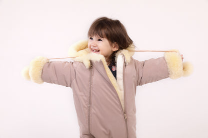 Sheepskin Winter Jumpsuit For Children, Warm And Cosy, Hooded Romper for Baby With Zipper Closure, Shearling Snowsuit For Toddler with Hoodv
