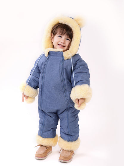 Genuine Sheepskin Winter Baby Fur Hooded Warm Jumpsuit with Fur Trims in Blue Color
