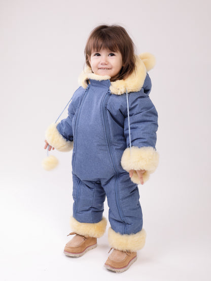 Genuine Sheepskin Winter Baby Fur Hooded Warm Jumpsuit with Fur Trims in Blue Color