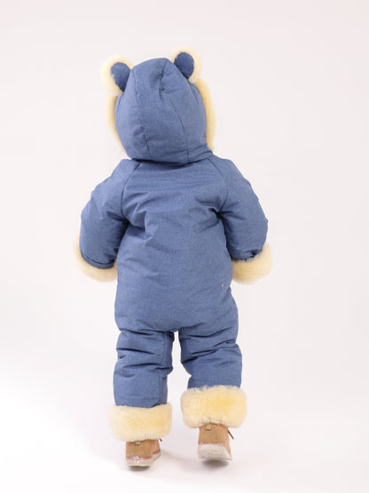 Genuine Sheepskin Winter Baby Fur Hooded Warm Jumpsuit with Fur Trims in Blue Color