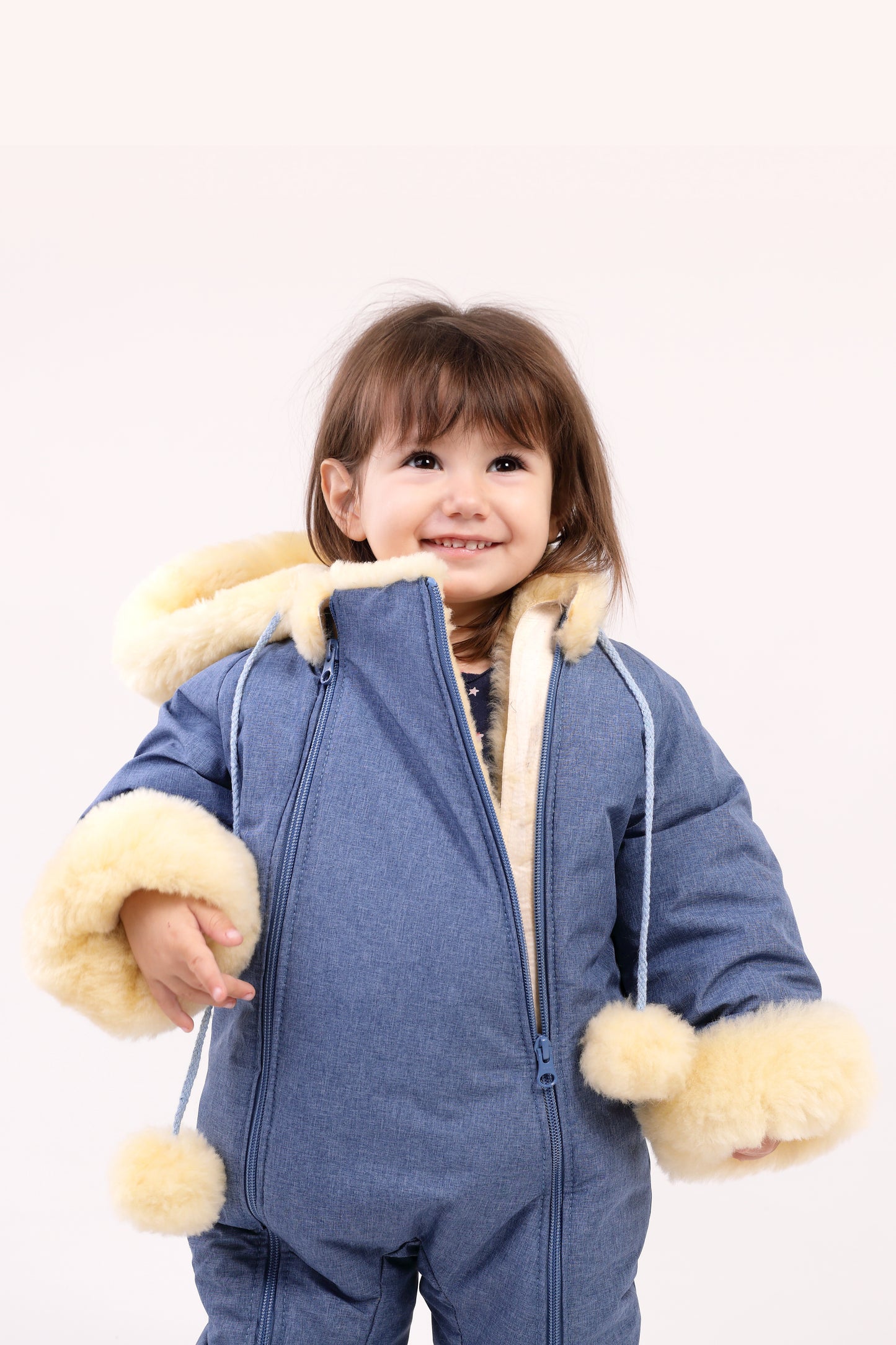Genuine Sheepskin Winter Baby Fur Hooded Warm Jumpsuit with Fur Trims in Blue Color