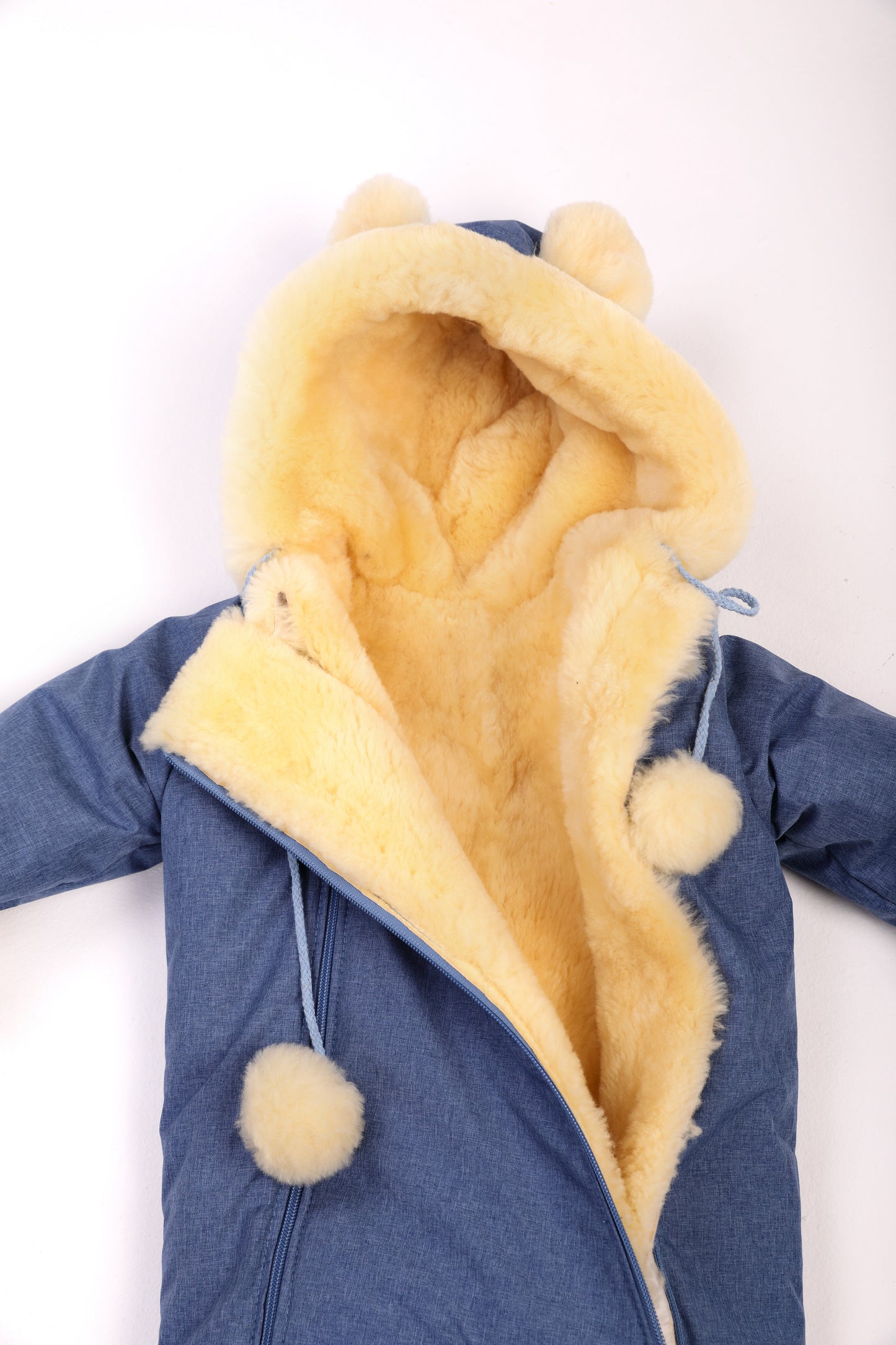 Genuine Sheepskin Winter Baby Fur Hooded Warm Jumpsuit with Fur Trims in Blue Color