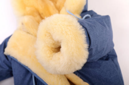 Genuine Sheepskin Winter Baby Fur Hooded Warm Jumpsuit with Fur Trims in Blue Color