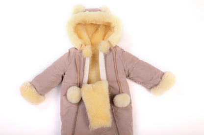 Sheepskin Winter Jumpsuit For Children, Warm And Cosy, Hooded Romper for Baby With Zipper Closure, Shearling Snowsuit For Toddler with Hoodv