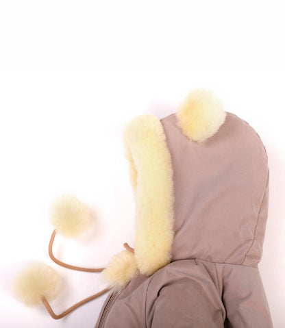 Sheepskin Winter Jumpsuit For Children, Warm And Cosy, Hooded Romper for Baby With Zipper Closure, Shearling Snowsuit For Toddler with Hoodv