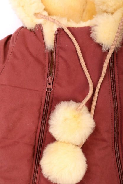 Genuine Sheepskin Winter Baby Fur Hooded Warm Jumpsuit with Fur Trims in Red Color