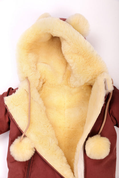 Genuine Sheepskin Winter Baby Fur Hooded Warm Jumpsuit with Fur Trims in Red Color