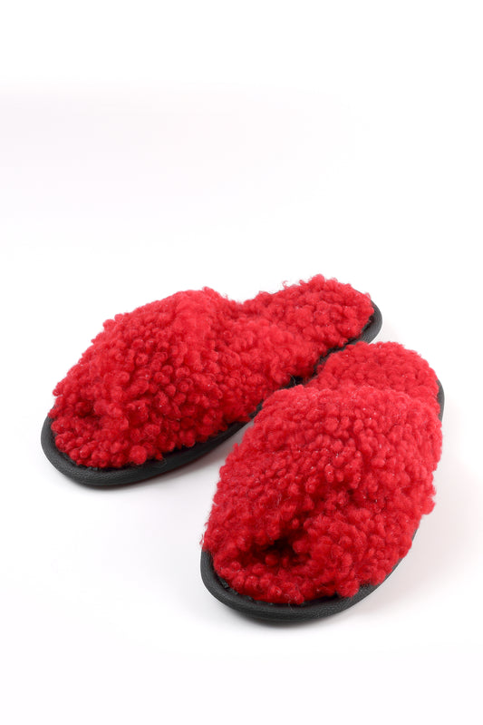 Crossover Real Sheepskin Slippers with Fur Lining in Red Color