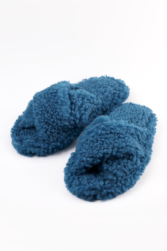 Crossover Real Sheepskin Slippers with Fur Lining in Blue Color