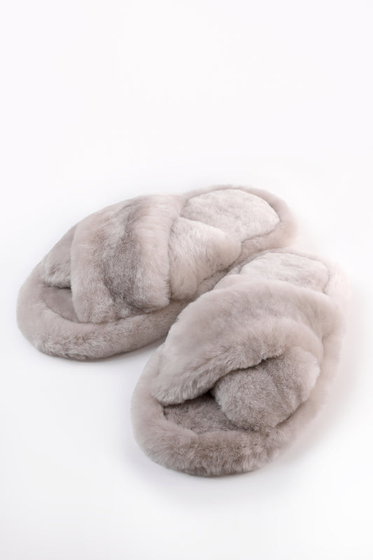 Soft Crossover Real Sheepskin Slippers with Fur Lining in Grey Color