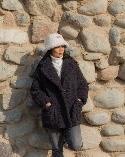 Oversize Short Womens Genuine Boucle Sheepskin Jacket with Wide Collar in Dark Blue Color