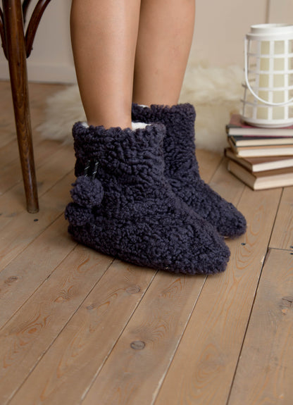 Real Womens Boucle Sheepskin Slipper Home Boots in Aubergine Color With Pom Pom
