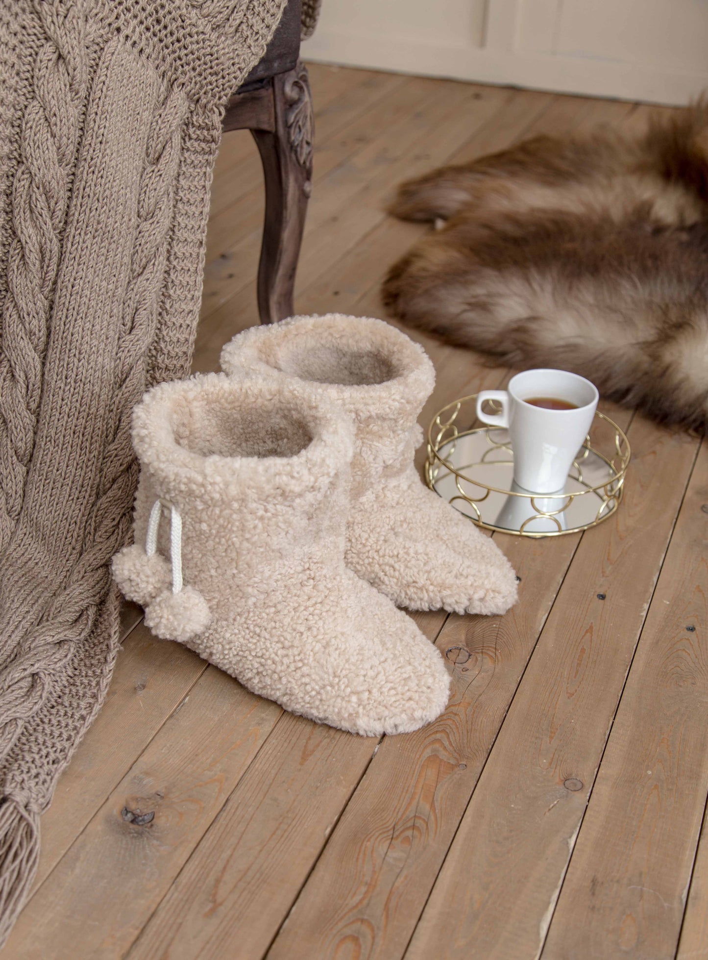 Real Womens Boucle Sheepskin Slipper Home Boots in Beige Color With Pom Pom