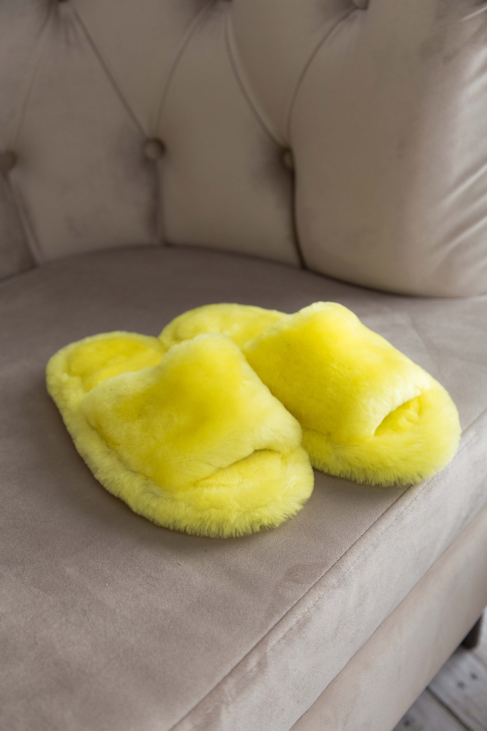 Fluffy Open Toe Sheepskin Mule Slippers for Women in Lemon Color