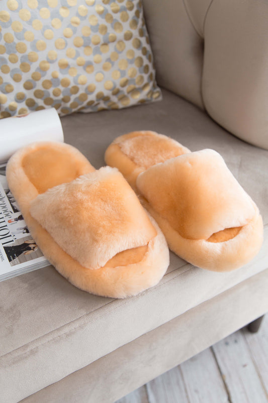 Fluffy Open Toe Sheepskin Mule Slippers for Women in Peach Color