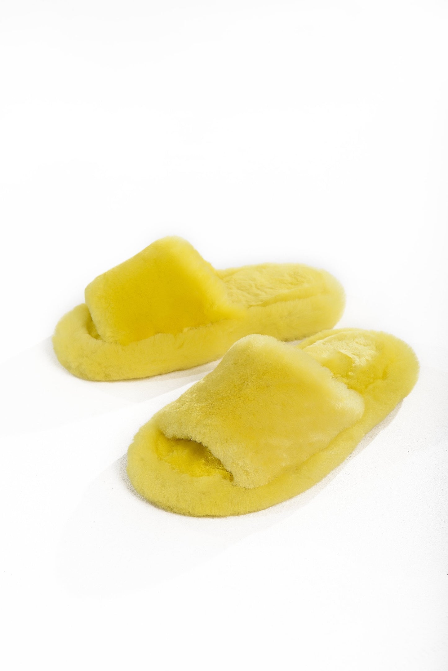 Fluffy Open Toe Sheepskin Mule Slippers for Women in Lemon Color