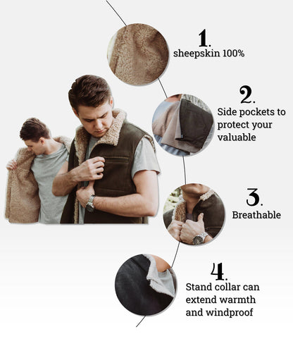 Khaki Sheepskin Vest with Front Zip Pocket and Fur Lining