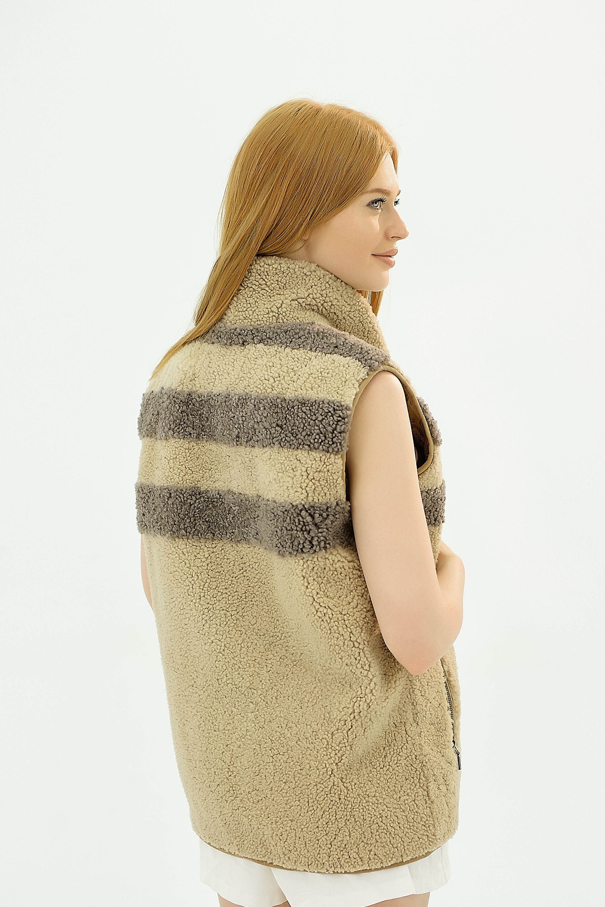 Womens Long Shearling Teddy Sheepskin Vest with Shawl Collar and Abstract Pattern