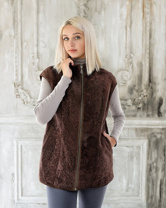 Long Brown Shearling Gilet Womens with Short Hair Sheepskin Outer Layer and Leather Edging