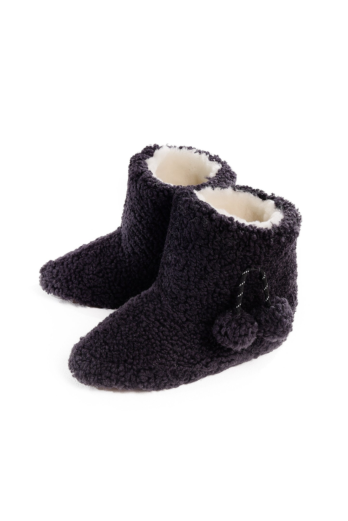Real Womens Boucle Sheepskin Slipper Home Boots in Aubergine Color With Pom Pom