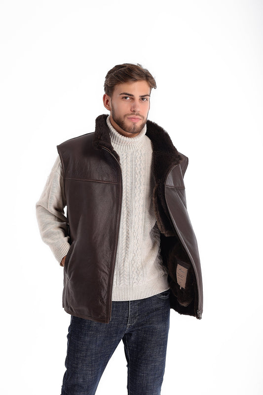 Dark Brown Sheepskin Vest with Dark Fur Lining and Side Pockets