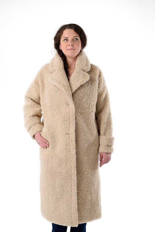 Long Womens Genuine Teddy Sheepskin Coat with Wide Collar Button Front in Beige Color