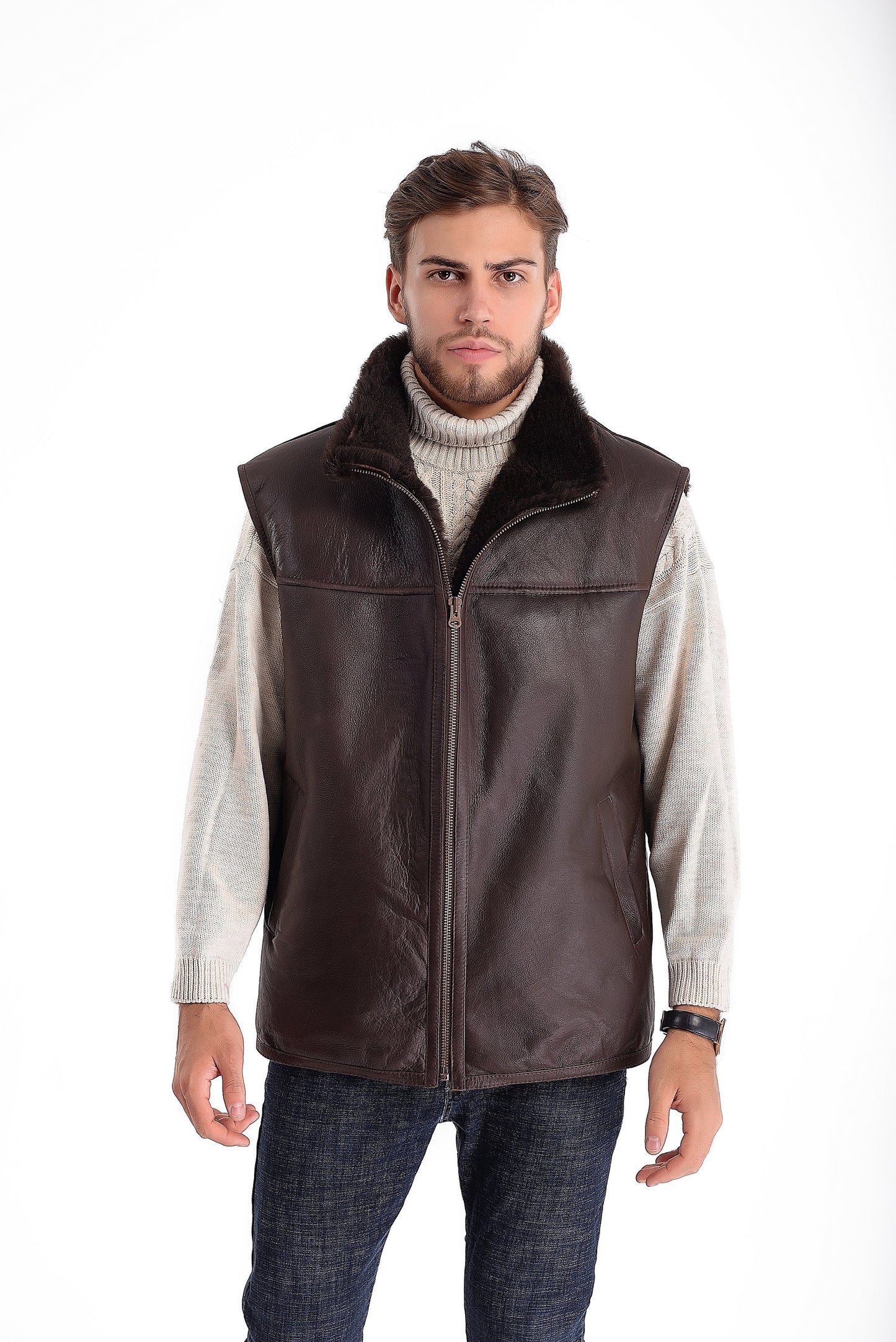 Dark Brown Sheepskin Vest with Dark Fur Lining and Side Pockets