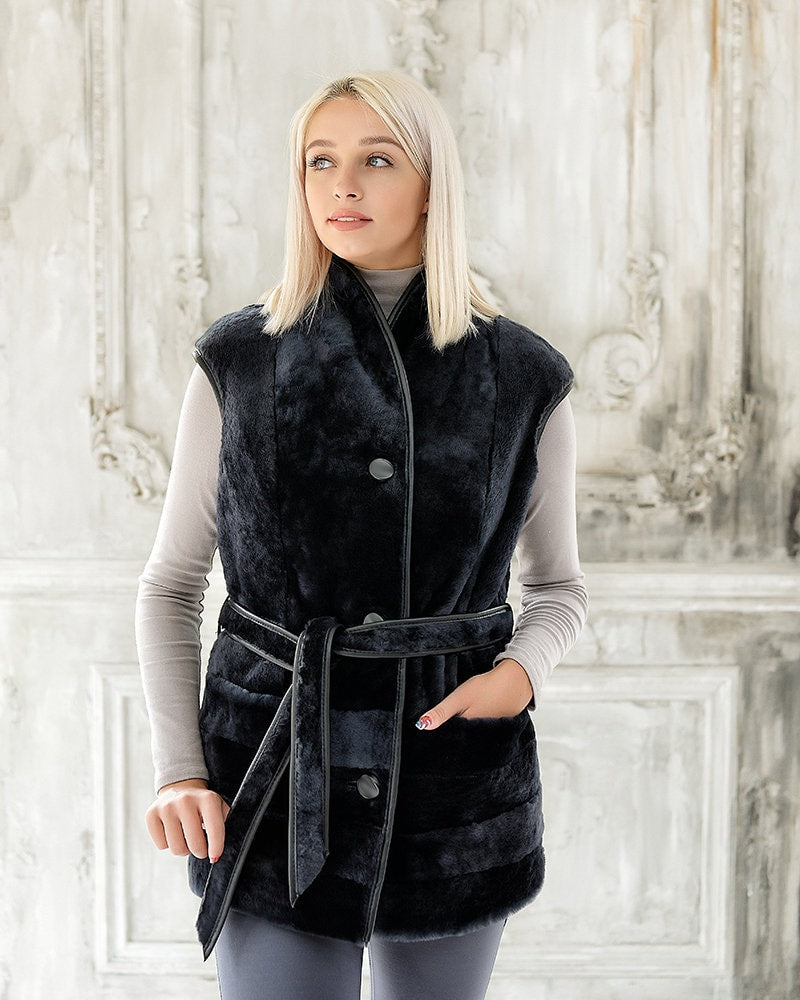 Sheepskin Shearling Gilet with Soft Fur Outer and Inner Layers and Leather Belt