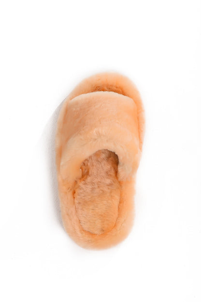 Fluffy Open Toe Sheepskin Mule Slippers for Women in Peach Color