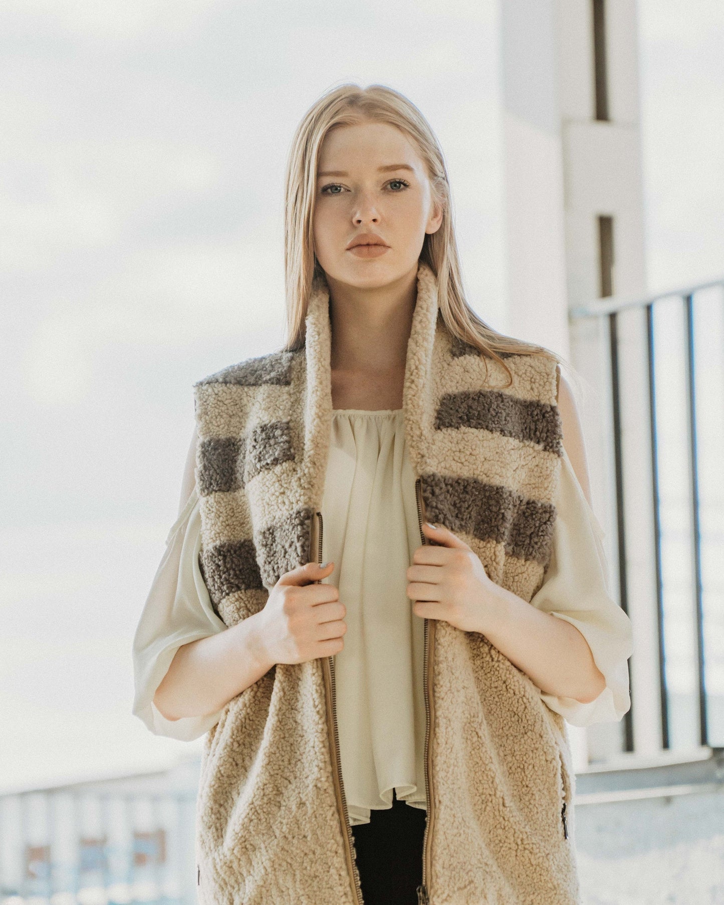 Womens Long Shearling Teddy Sheepskin Vest with Shawl Collar and Abstract Pattern