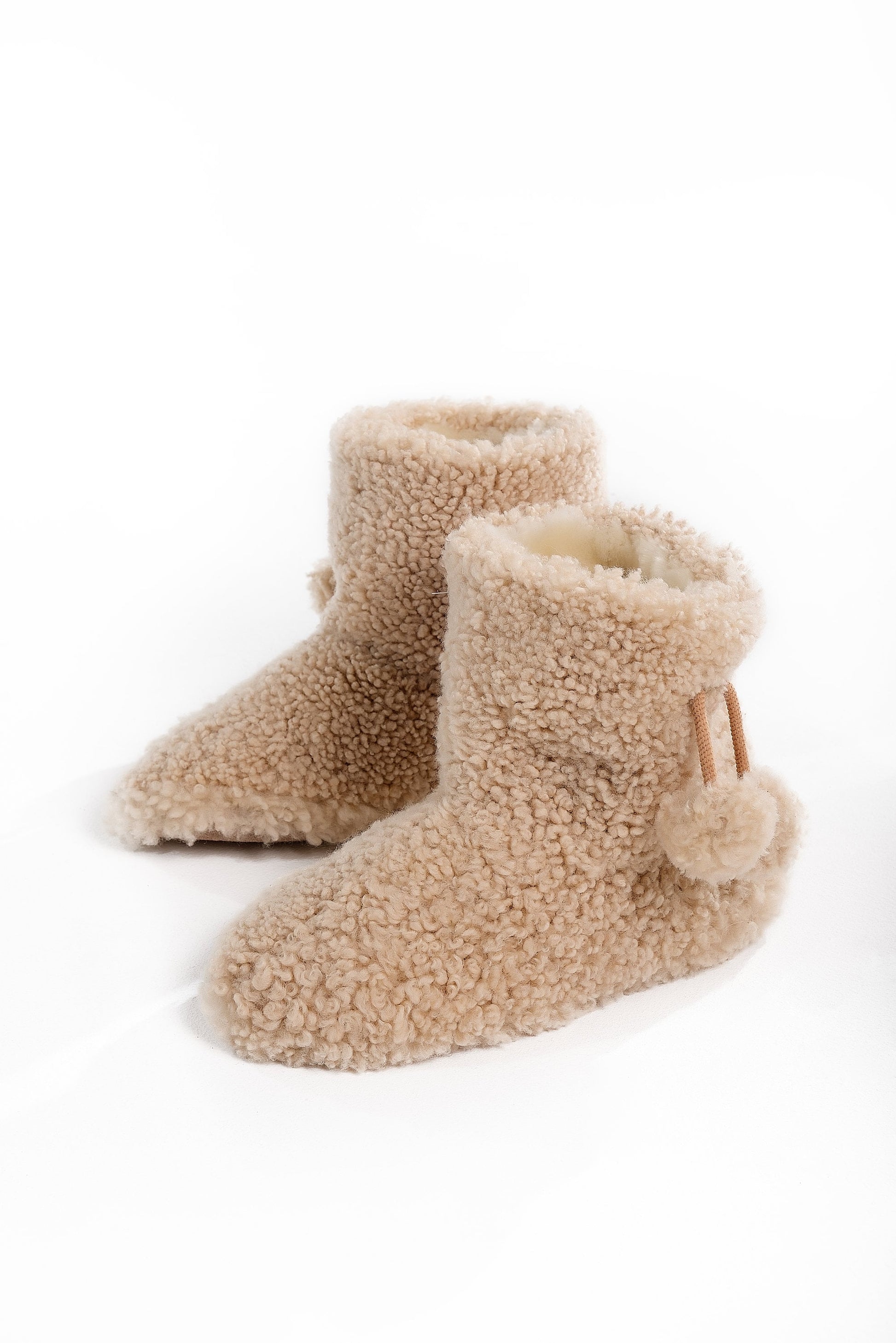 Real Womens Boucle Sheepskin Slipper Home Boots in Beige Color With Pom Pom