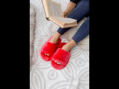 Fluffy Open Toe Sheepskin Mule Slippers for Women in Raspberry Color