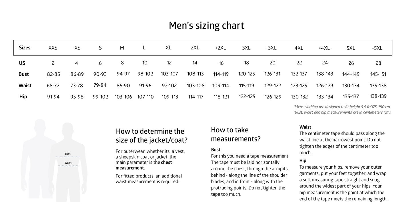 Men's sizing chart.