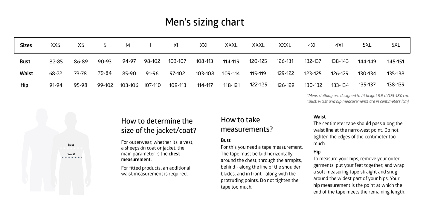 Men's sizing chart.